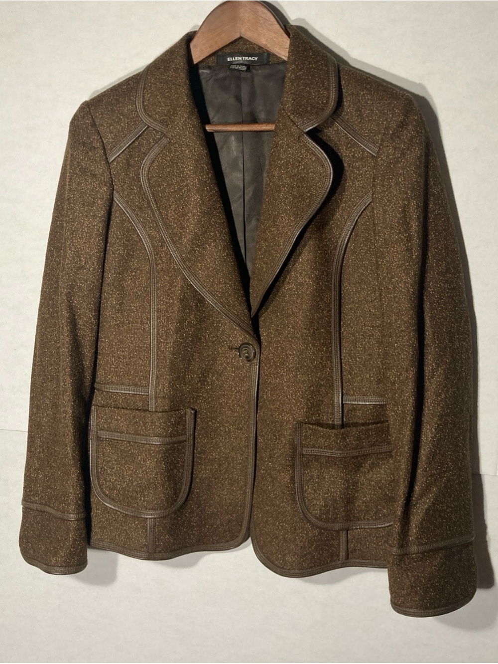 ELLEN TRACY brown vinyl trim single button wool alpaca blend blazer jacket 2